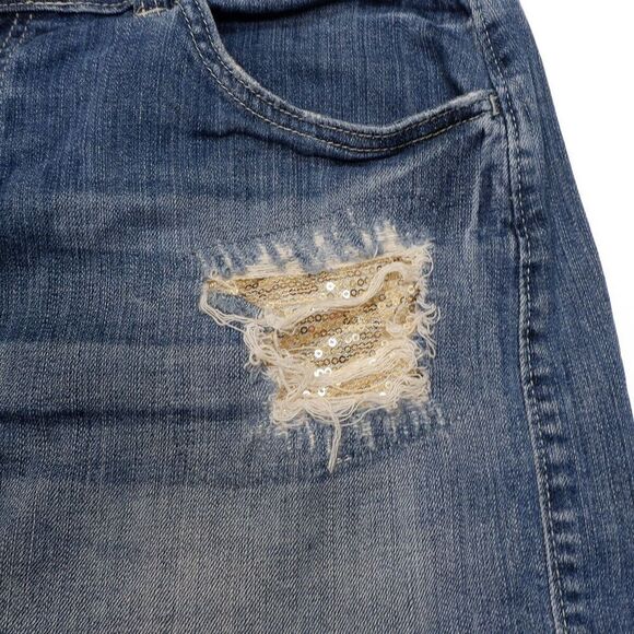 Elle Skirt Womens Size 8 Mini Blue Denim Distressed Sequin Measures 31 x 14 - Picture 5 of 8